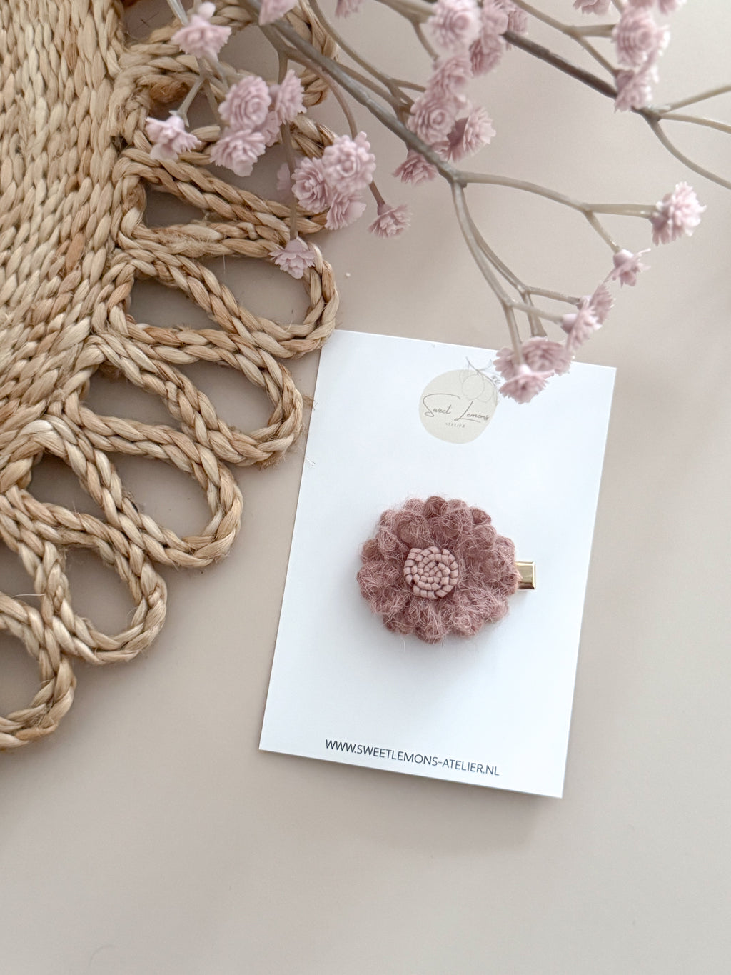 Wool Flower Haarspeldje - Oud Roze